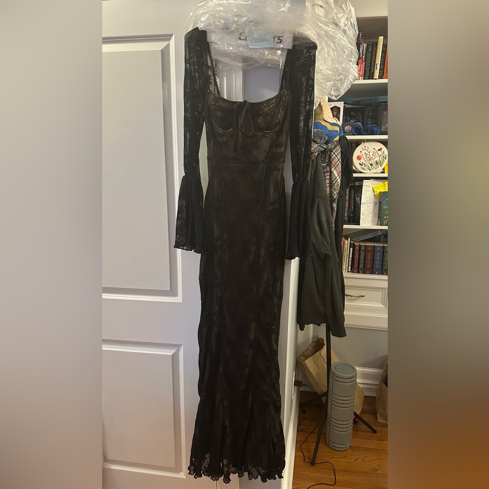 House of CB Delilah Black Long Sleeve Lace Maxi Dress, Size M, Regular cup